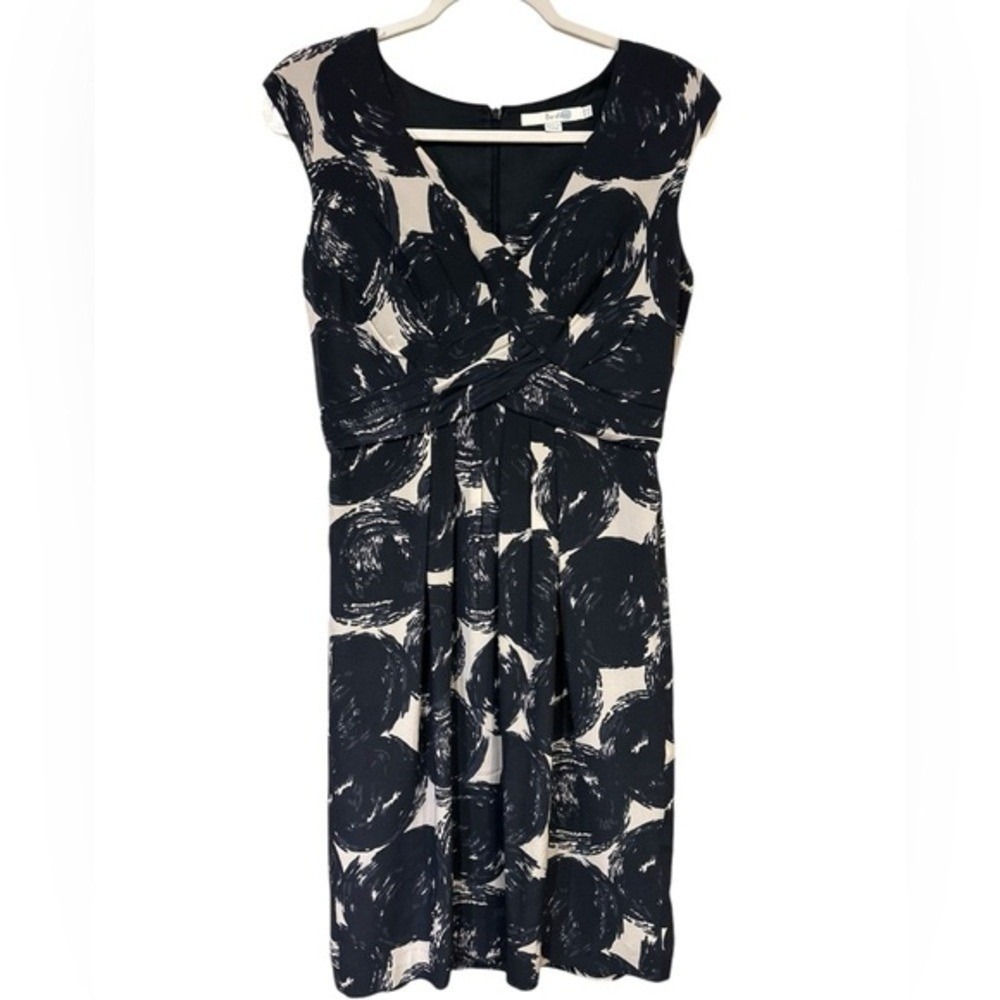 Boden Navy Cream Dress Sleeveless Abstract Twist Front Size 6 Long